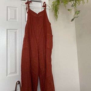 Rust linen tie up overalls